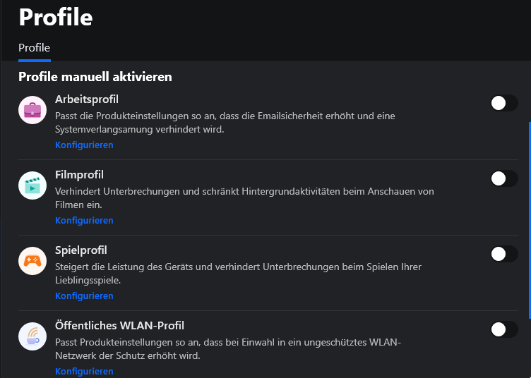 3.	Klicke im Bereich Profile auf Konfigurieren