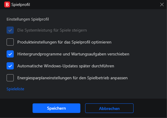 1.	Klicke unter Dienstprogramme -> Spielprofil auf Konfigurieren und dort auf Spieleliste