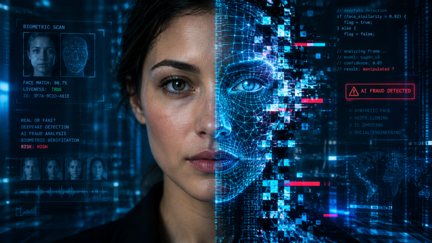 Fake-Inhalte -Ein menschliches Gesicht geht fließend in leuchtende Computergitter und Cyber-Artefakte über, symbolisch für KI-Deepfakes und digitale Täuschung.