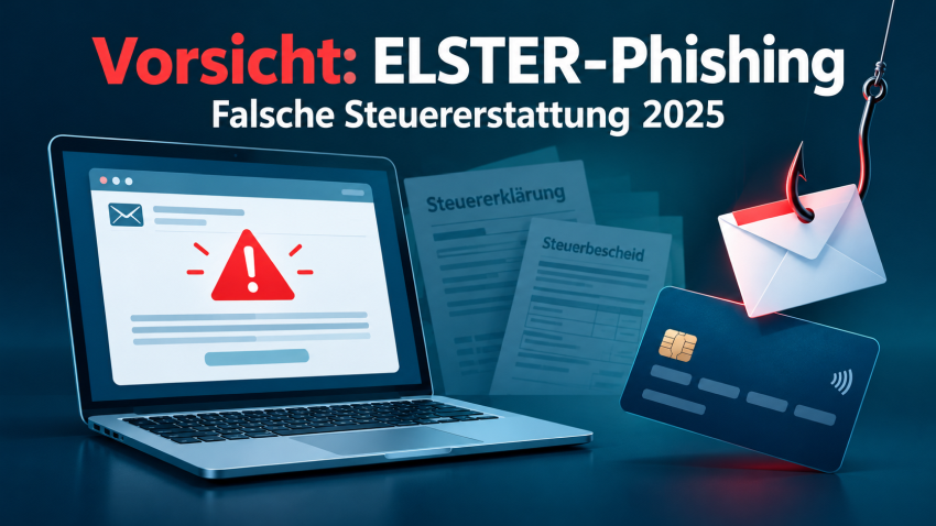 Illustration zur ELSTER-Phishing-Mail: Laptop mit Warnsymbol, Bankkarte und Angelhaken an einem Briefumschlag.